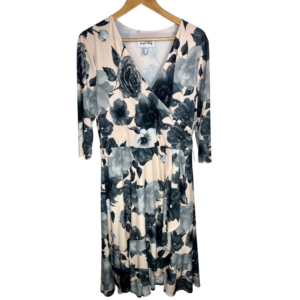 Joseph Ribkoff Dress Women 12 Blush Grey Floral Faux Wrap Midi 3/4 Sleeve - Picture 1 of 9